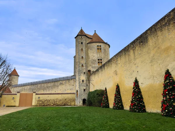 冬の日 フランス ヨーロッパのブランディの城の壁と塔のクリスマスツリーの装飾 — ストック写真