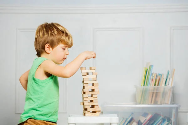 Close Little Boy Build Tower Playing Jenga Wooden Blocks Living — Stock Photo, Image
