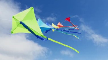 Group of many beautiful color red green orange kites fly on the string over blue sky with clouds