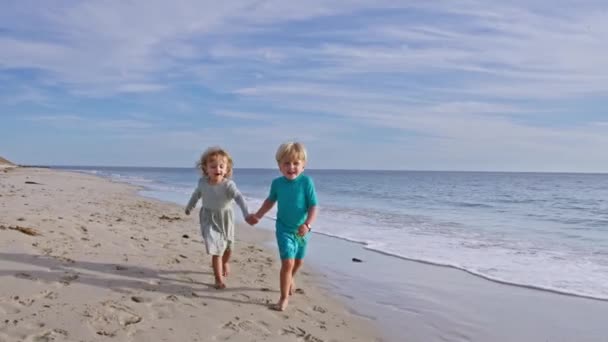男孩和女孩 两个穿着夏装的孩子一起在沙滩上奔跑 开心极了 — 图库视频影像