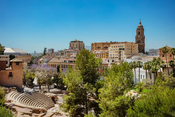 Panorama Downtown Cathedral Malaga Roman Theater Archaeological Remains Ruins Ancient — Stock Photo, Image