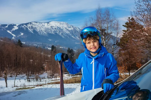 Happy Young Boy Stand Holding Ski Wear Alpine Mask Helmet — Stock Photo, Image