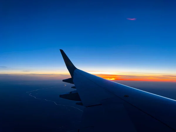 View Plane Wing Beautiful Sunset High Altitude Dusk Time — Stock Photo, Image
