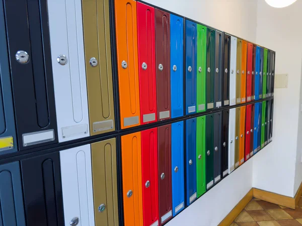Close Group Many Beautiful Colorful Mail Boxes Spanish Apartment Building — Stock Photo, Image
