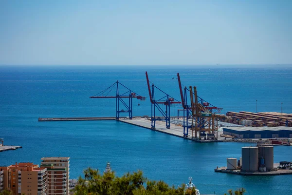 Industrial Big Metal Port Cranes Malaga Bay Cargo Terminal Mediterranean — Stock Photo, Image