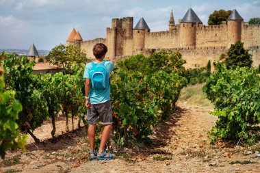 Sırt çantalı mutlu genç, üzüm bağında duruyor. Occitania, Fransa 'daki muhteşem Carcassonne Fransız kuvvetlendirilmiş şehrine bakıyor. Yaz tatili konsepti.