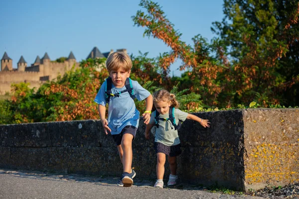 年轻的双胞胎旅行者带着卡卡松内城堡 愉快地开始了他们在法国的暑假探险 — 图库照片