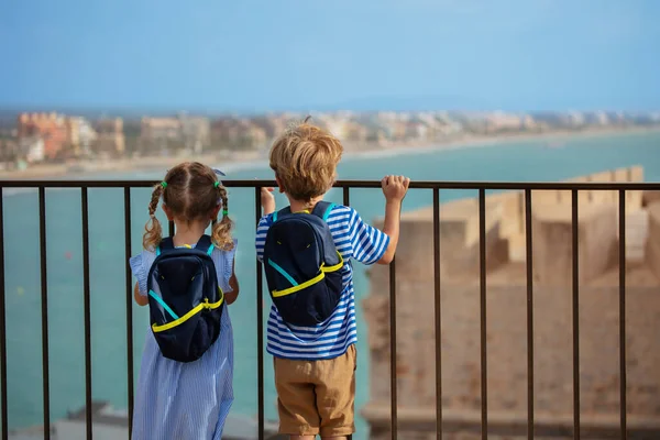 Deux Petits Enfants Garçon Fille Visitant Espagne Apprécient Point Vue — Photo