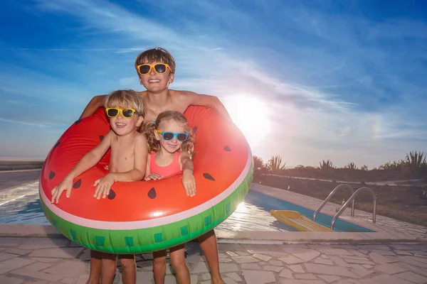 Two Boys Girl Swimwear Sunglasses Pose Large Watermelon Inflatable Pool — Stock Photo, Image