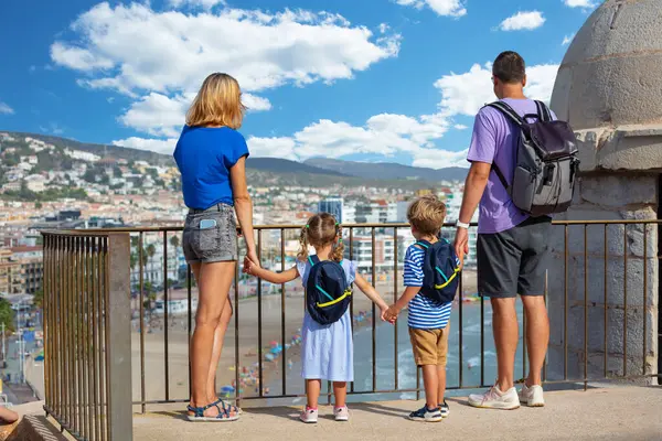 Family Kids Visiting Spain Enjoy Coastline View Peniscola Castle Observation — Stock Photo, Image