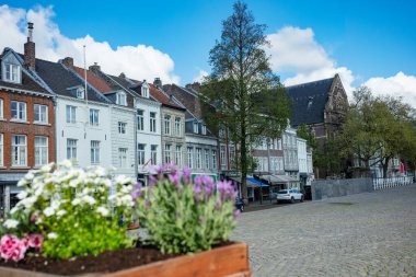 Maastricht 'in resmi kaldırım taşı plazası klasik Avrupa Hollanda binaları ve çiçek açan çiçek konteynırlarıyla doludur.