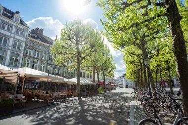 Yeni filizlenmiş yaprakları, teras kafeleri ve boş bisikletleri olan ağaçlarla çevrili sakin bir Maastricht yolu.