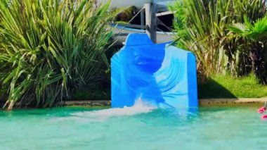 Neşeli anne ve oğul, yazın açık hava su parkında yemyeşil yaprakların arasında canlı mavi bir su kaydırağını suya batırır.