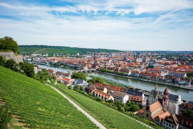 A beautiful cityscape of a European city Wurzburg featuring vineyards and a river crossed by an ancient bridge. clusters of buildings with red roofs, Bavaria, Germany clipart