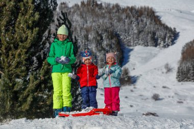 Karlı tepede kar topu yapan çocuklar, tatillerde dağ kayak merkezinde kar savaşı yapmaya hazırlanıyorlar.