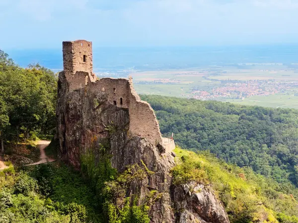 Bir ortaçağ kalesi kayalık bir tepenin üzerinde duruyor. Etrafı yemyeşil kırlarla çevrili ve uzaktaki bir köye bakıyor..