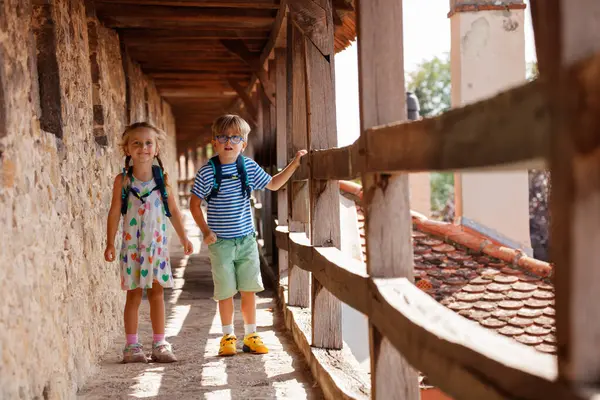 Güneşli bir günde, Rothenburg ob der Tauber, Almanya, Bavyera 'da tatil yapan iki genç çocuk.