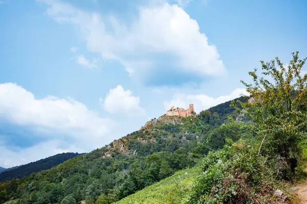 Bir tepenin tepesine tünemiş antik bir kale, yemyeşil bir gökyüzünün altında, dağınık bulutlarla, Alsace, Fransa