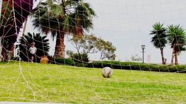 Küçük bir çocuk çimlere doğru koşuyor, bir futbol topuna doğru, etrafı palmiye ağaçlarıyla çevrili güneşli çimlerle çevrili