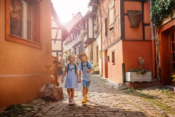 Eski şehirde gezen sırt çantalı iki çocuk binaların geleneksel yarı ahşap tarzı, büyüleyici köylerde renkli panjurları var. Fransa 'nın Alsace bölgesinde saksı bitkileri ve çiçekler var.