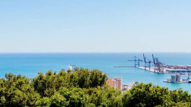 İspanya 'nın Malaga kıyı limanının görkemli bir görüntüsü. Dalgalı mavi denize doğru ilerleyen turnalar, yemyeşil sularla çevrili.