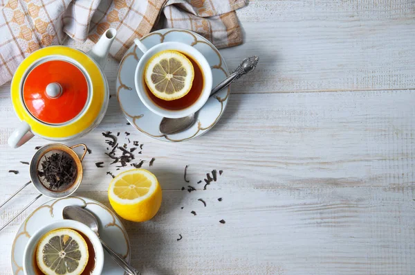 Bright Colorful Composition Teapot Cups Black Tea Healthy Drink Lemon — Stock Photo, Image