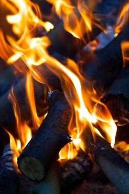 Kamp ateşinde yakacak odun yakmak. Parlak renkli ateş arkaplanı.