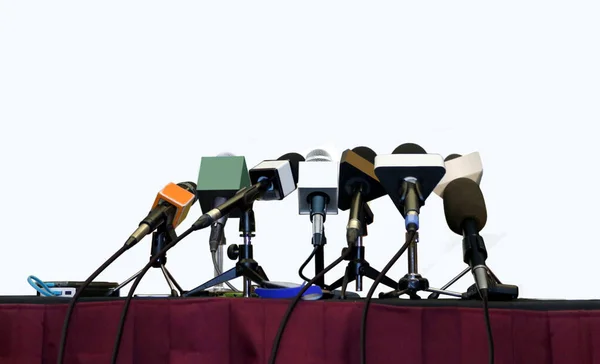 Mikrofony Tiskové Konference Bílém Pozadí — Stock fotografie