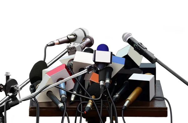Microfones Conferência Imprensa Durante Entrevista Mídia — Fotografia de Stock