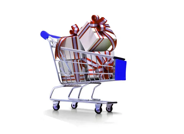 Shopping Cart Full Gift Boxes Red Ribbon — Stock Photo, Image