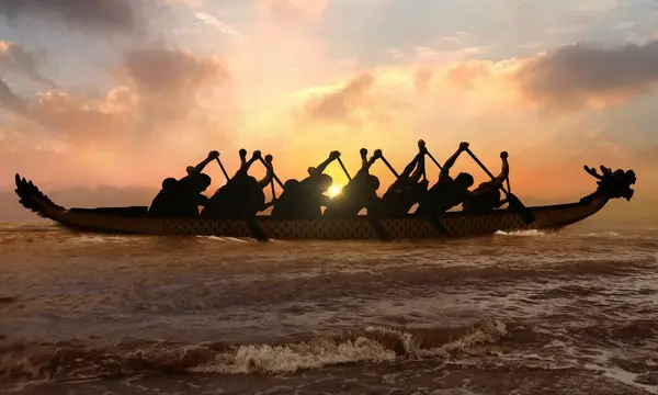 Silhueta Pessoas Competitivas Remando Barco Dragão Pôr Sol Fotos De Bancos De Imagens