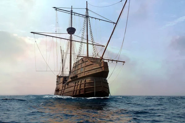 Statek Piracki Dokujący Morza Wodzie Oceanicznej Małży Obraz Stockowy