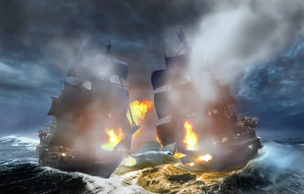 Naval Battle Two Old Ships 16Th Century Stock Photo
