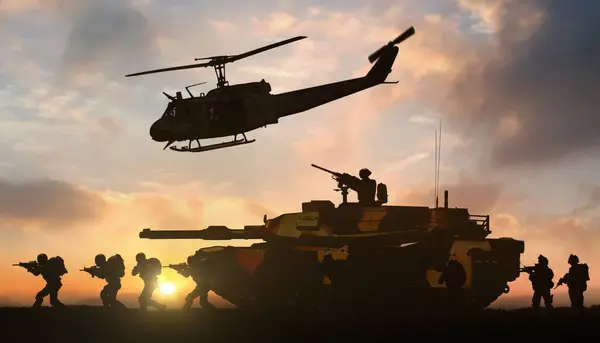 Militäreinsatz Mit Hubschrauber Und Panzerunterstützung lizenzfreie Stockbilder