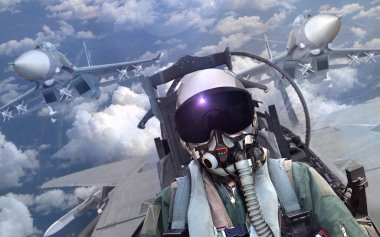 Jet savaş uçağı pilotu pilot kabin görünümünde, eküri desteğiyle.