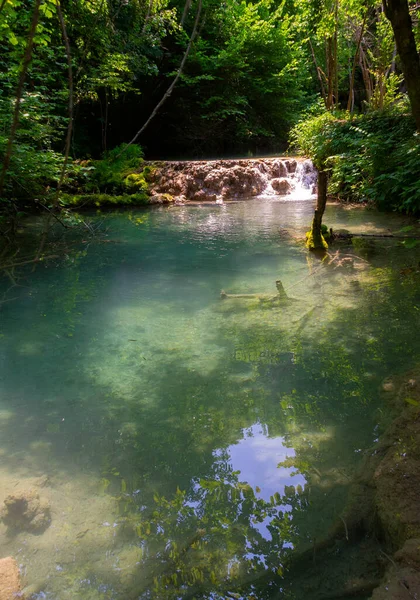 自然の芸術が息をのむようなターコイズの湖を明らかにする 森の滝の魔法の世界に投資します これらの魅惑的なカスケードの穏やかな美しさに身を浸し あなたの想像力をクリスタルクリアウォーターに漂わせてください — ストック写真