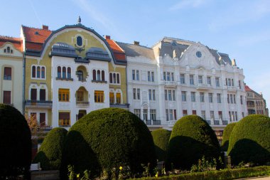 Romanya 'nın Timisoara kentindeki Büyüleyici Sanat Yeni Binaları, renkli cepheleri, dekoratif detayları ve parlak mavi gökyüzü altında yemyeşil.