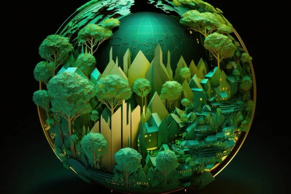 3D illustration of paper cut landscape with planet earth, trees and houses