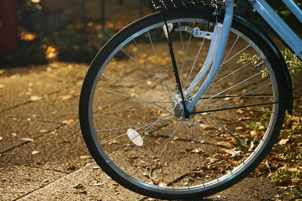 街の路上で地面に自転車のフロントタイヤ — ストック写真