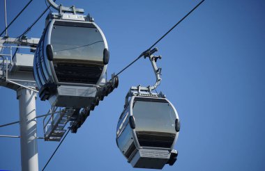 Urban skyscrapers and cable cars on a clear blue sky day                               