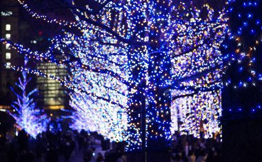  Kış mevsiminde şehir caddesinde Noel ağacı aydınlığı              