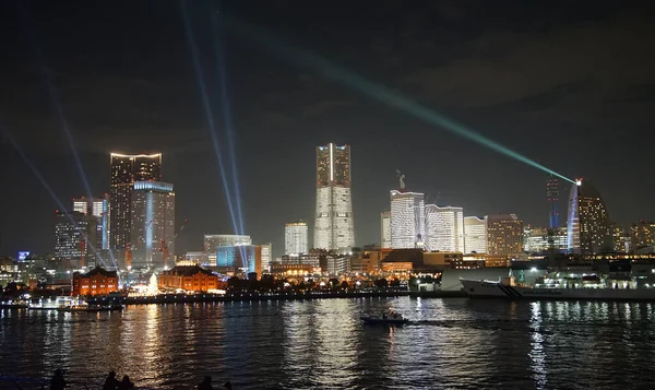 Nattutsikt Över Moderna Skyskrapor Belysta Japan Yokohama Port City — Stockfoto