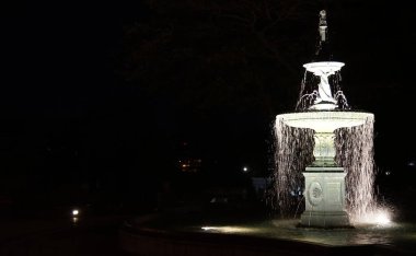 Parktaki bir çeşmenin gece manzarası. Siyah beyaz renkte, karanlıkta.                               