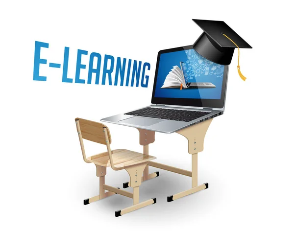 Mesa Escola Com Laptop Como Conceito Aprendizagem Eletrônica — Vetor de Stock