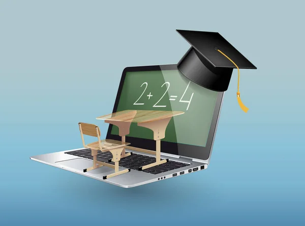 Schoolbureau Met Laptop Als Elearning Concept — Stockvector