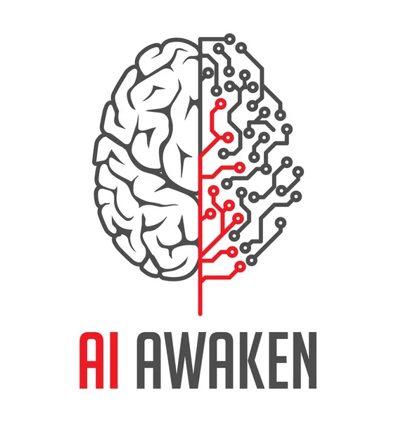 人工知能が目覚める コンセプトロゴ 人間の脳と集積回路 — ストックベクタ