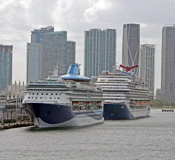 Cruiseschepen Die Passagiers Meenemen Naar Caribische Aanloophavens Port Miami Cruiseterminal Stockfoto