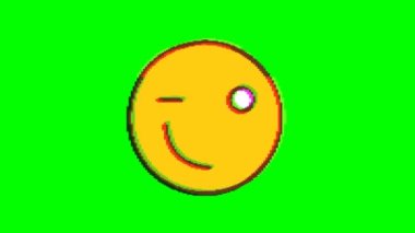 Yeşil arka plan üzerinde hata etkisi olan göz kırpan bir ifade. Emoji hareket grafikleri.