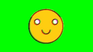 Yeşil arka planda arıza etkisi olan mutlu ifade. Emoji hareket grafikleri.
