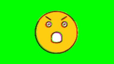 Yeşil arka planda arıza etkisi olan kızgın bir ifade. Emoji hareket grafikleri.